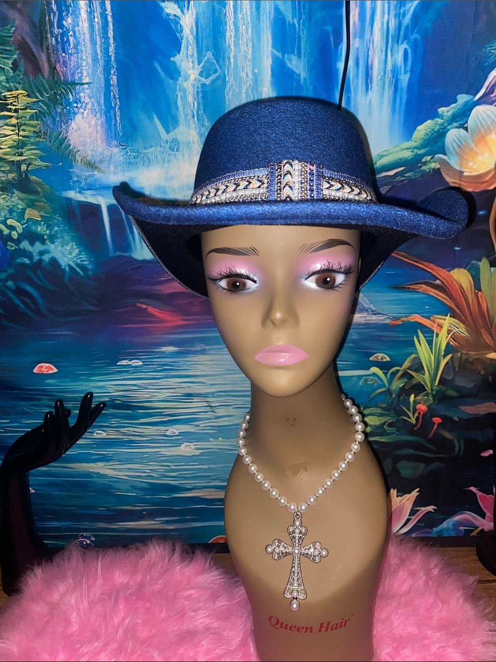 Women's Navy Blue Decorative Trim Felt Hat